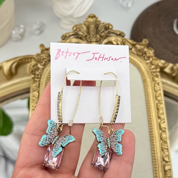 Betsey Johnson Pink Crystal Butterfly Drop Earrings - Picture 5 of 6